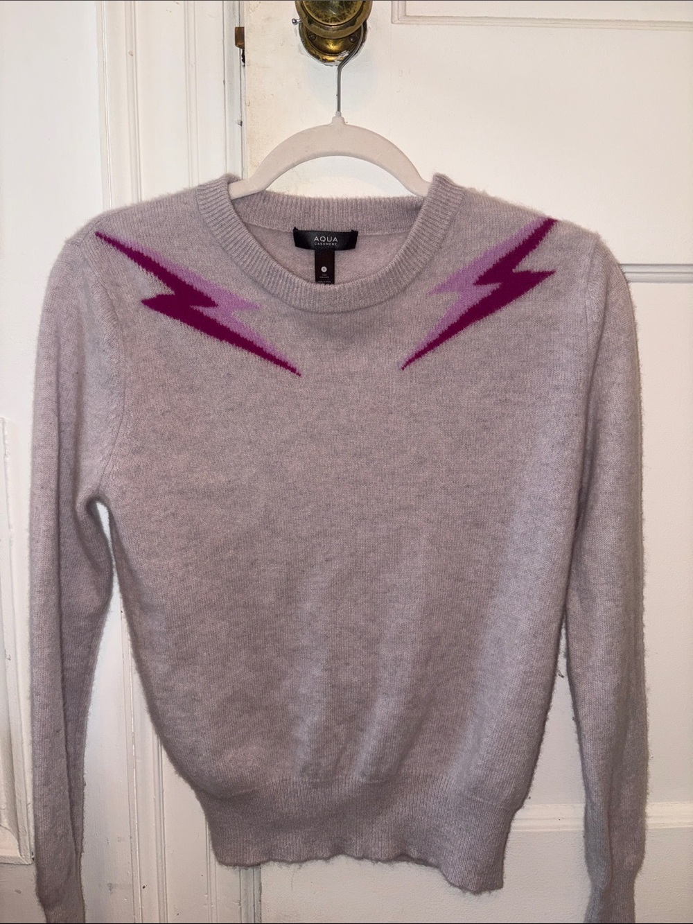 Aqua Lavender Crewneck Sweater with Pink Lightning Motif
